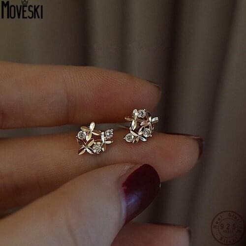 MOVESKI 925 Sterling Silver Retro Simple Temperament Petal Zircon Earrings Women Wedding Party Jewelry Gift