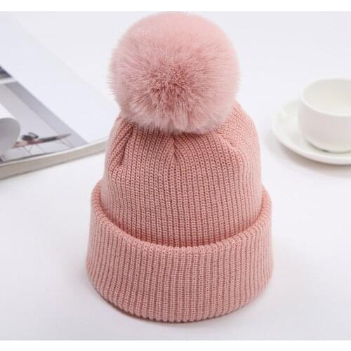 Warm Winter Knitted Hat Cute Pom Poms Furry Ball Beanies for Children Girls Solid Color Beanie Skullies Cap Outdoor Bonnet Gifts