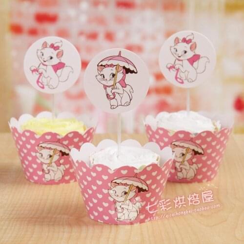Free Shipping 12Sets Marie Cat Cupcake Wrapper Cupcake Toppers Kids Birthday Party Cupcake Decoration Supply
