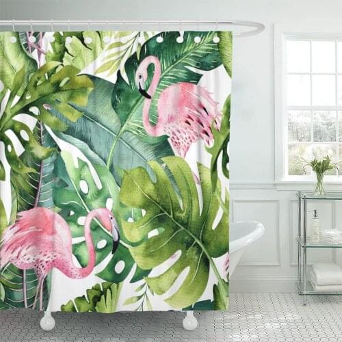 Tropical Flamingo Watercolor Tropic Drawing Rose Bird and Greenery Shower Curtain Waterproof Polyester Fabric 72 x 78 Inches Set