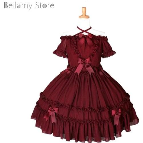 Wine Red Lolita Daily Qne Shoulder Lace Up Bow Tie Wooden Ear Big Swing Fluffy Skirt Dress