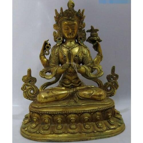 Xd 003430 9" China gilt bronze figure buddhism Four armed Kwan-yin buddha Sculpture Statue