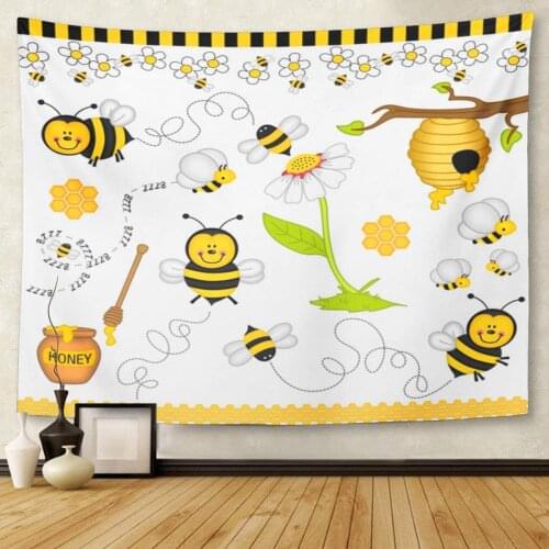 Yellow Honey Bee Digital Collage Cartoon Flower Animal Funny Tapestry Wall Hanging for Living Room Bedroom Dorm 50x60 inches