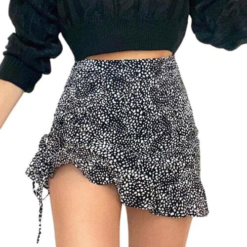 Leopard Printing Short Mini Skirt Women Summer Ruffle Hem High Waist Ruched Drawstring Bodycon Women Skirt Streetwear Slim 2021