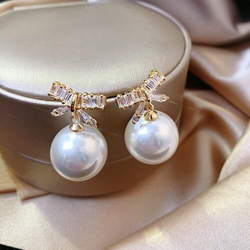 Korea New Elegant Shiny Zircon Bow Big Pearl Ball Drop Earrings For Women Girls Party Fashion Temperament Pendientes Gifts