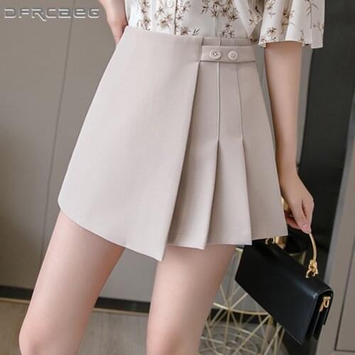 High Waist Womens Wode Leg Skirts Shorts With Button 2021 Korean Work Office Casual Short Skirt Pleated Femme