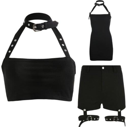 Women Harajuku Gothic Punk Choker Halter Crop Top Metal Buckle Backless Camisole Garters Shorts Bodycon Dress Streetwear