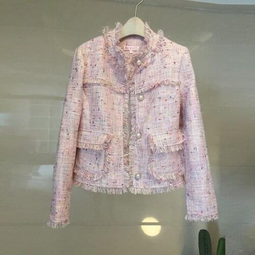 Fashion 2020 Spring Runway Women Long Sleeve Pastel Pink Tweed Jacket Coat