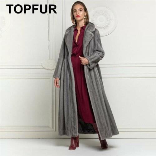 TOPFUR Real Fur Coat Women Winter Coat X-Long Natural Mink Fur Coat With Lapel Collar Gray Coat Women Leather Jacket Plus Size