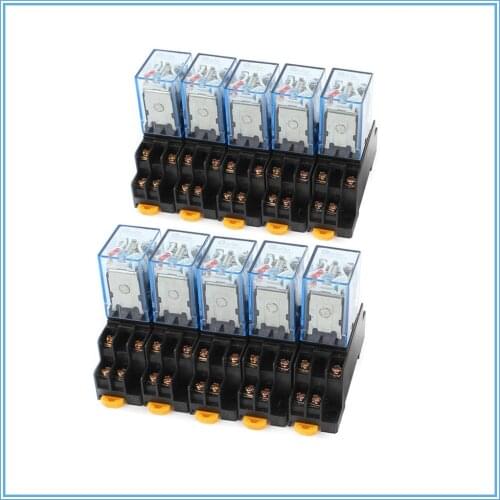 10set MY4NJ DC 12V Coil 4NO 4NC Green LED Indicator Power Relay DIN Rail 14 Pin Base