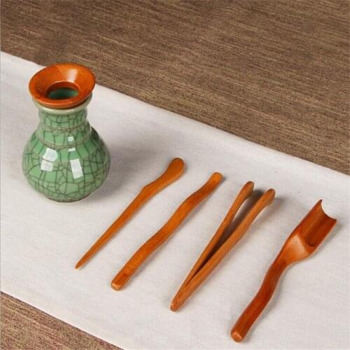 5Pcs/Set Natural Wooden Teaware Tea Ceremony Utensils Set Bamboo Teaspoons Tea Needle Tea Tweezer Clip Strainer Tong Tube
