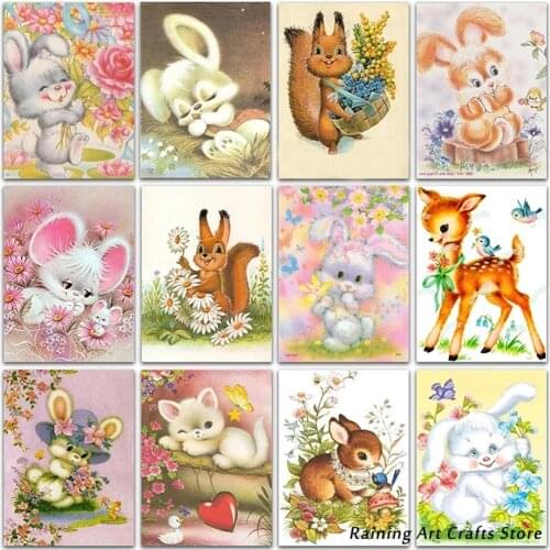 5D Diamond Painting Cartoon Animal Rabbit Deer Cat Squirrel Full Square Round Drill Embroidery Cross Stitch Mosaic Picture Decor