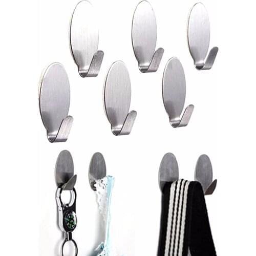 6PCS Stick On Silver Hook Strong Self Adhesive Sticky Coat Hat Metal Hanger Home Bathroom Kitchen Stainless Steel Holder