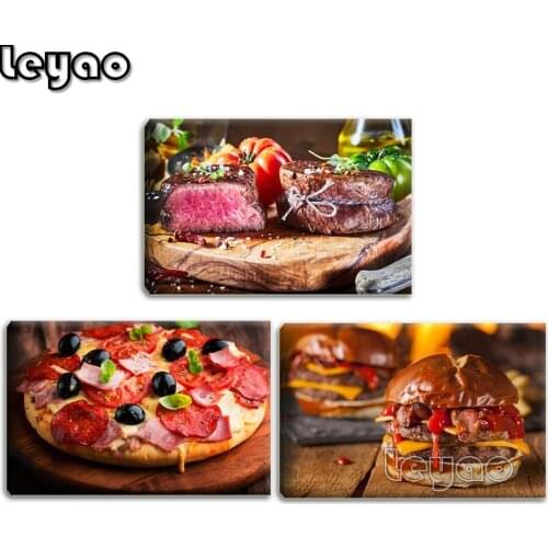 Diy 5d diamond painting 3 pieces Kitchen Wall Art Delicious Pizza Hamburger Steak Food Picture Restaurant Dining Room Decor