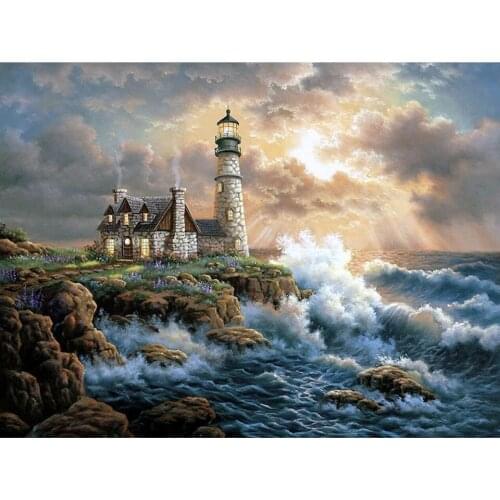 5D DIY Diamond Painting "Ocean Lighthouse" Cross Stitch Full Square/Round Drill Diamond Embroidery Mosaic Rhinestone Decor Gift