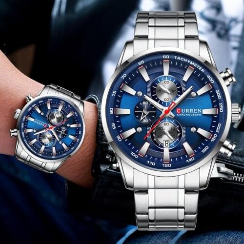 CURREN Mens Watches Top Brand Luxury Blue Steel Quartz 2019 Chronograph Waterproof Watch Business Full Steel Men Watch Clock