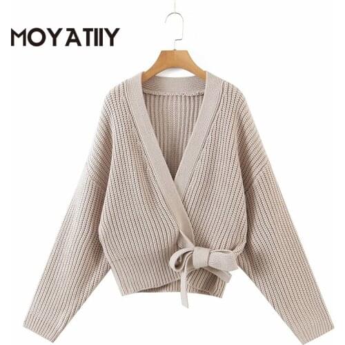 MOYATIIY Fashion Women Cardigan Solid Vintage Jumper Autumn Oversized Cardigan Winter Coat with Lace Up Relax Home Wear Tops