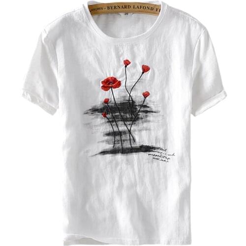 T Shirt Male Short Sleeve Cotton Linen Casual Tshirts For Men White Rose Flower Printing Tops Asian Size M-XXXL Y596