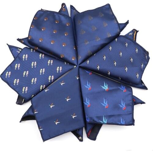Mens Dark Blue Cartoon Hankies 24cm Polyester Pocket Square Astronaut Animal Flower Pattern For Men Business Party Accessory