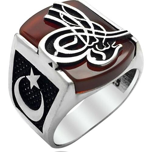 Solid 925 Sterling Silver Ottoman Sultan Tughra Signature Agate Stone Mens Ring