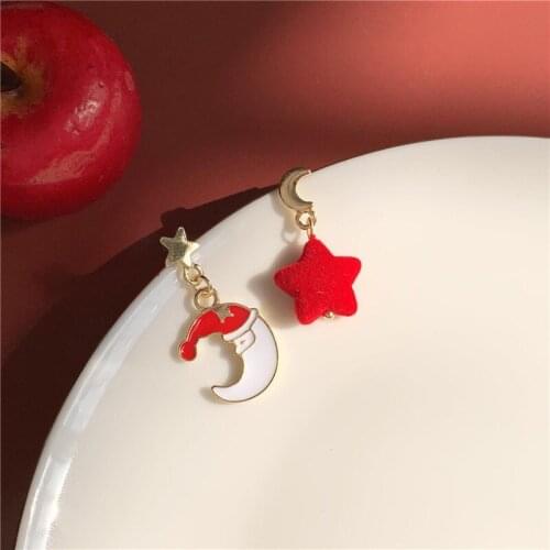 New Velvet Red Star Fancy Earrings Christmas Moon Asymmetric Hypoallergenic Earrings