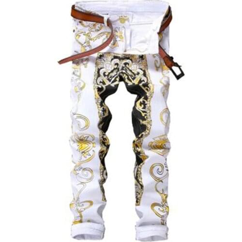 New Mens male stretch print slim-fit jeans flower pants European fashion personality nightclub trousers