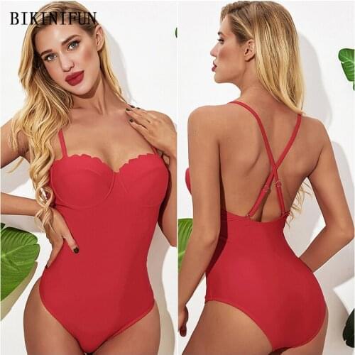 2020 New Sexy Solid Red Swimsuit Women Push Up Beachwear Cross Back Straps Swimwear S-XL Girl Backless One Piece Suit Monokini