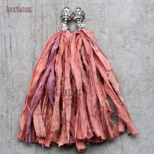 Oxidized Silver Earth Pink Sari Silk Tassel Pendant Design Wholesale Zircon Micro Pave Silver Beads Tulip Cap In 6.8 inch PM9042