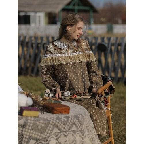 Spring Autumn Dress Women Vintage Mori Girls Embroidery Lace Dress Causal Loose Long Sleeve Cotton Corduroy Khaki Long Dress