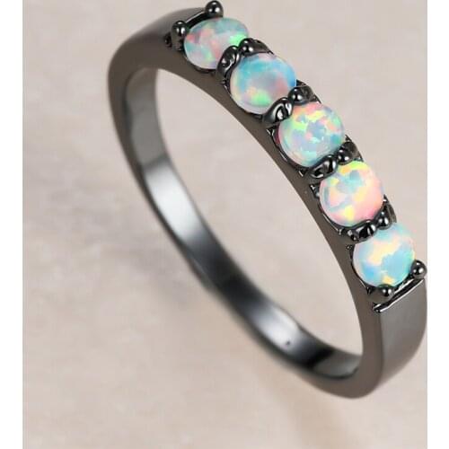 Simple Female White Opal Stone Ring Charm 14KT Black Gold Wedding Rings For Women Luxury Bride Round Thin Engagement Ring