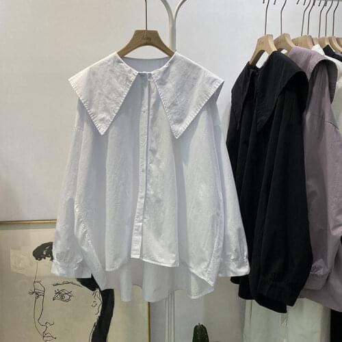 Shirts Womens Solid Autumn Peter Pan Collar Lovely Loose Leisure Daily Harajuku Ulzzang Kawaii Students Retro Blouses Female New