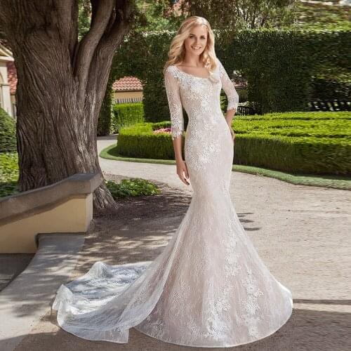 Hochzeitskleid Three Quarter Sleeve Mermaid Wedding Dress Lace Vestido De Noiva Sereia V-Neck Abito Da Sposa Bridal Gowns