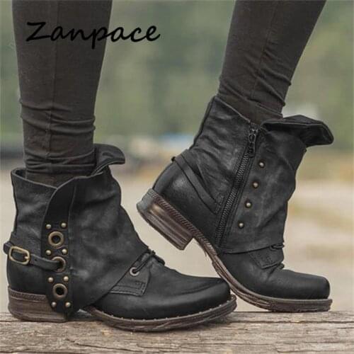 ZANPACE Large Size 43 Martin Boots Female 2019 Thick with Retro Womens Leather Shoes Zip Med Heels Ankle Boots for Women