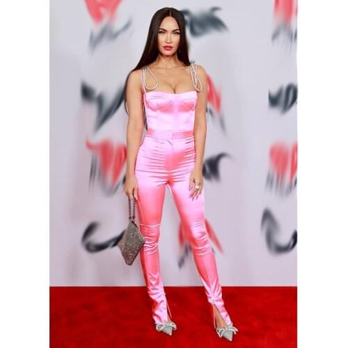 2021 Pink Sexy Lace Up Spaghetti Strap Satin Women Fall Jumpsuits Club Casual Skinny Streetwear Femme Rompers Ropa Mujer BD2112