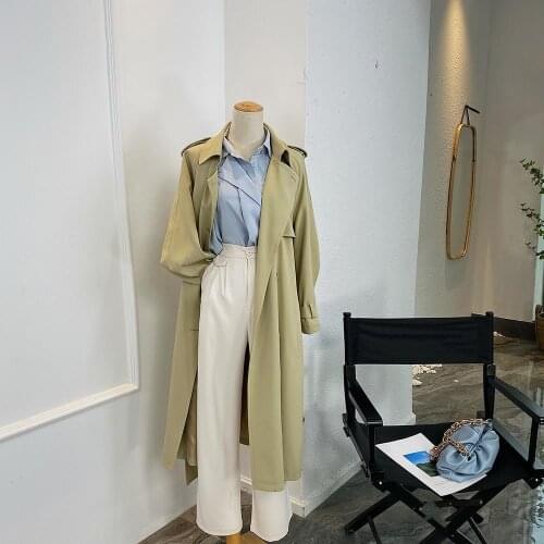 Top women casual solid color double breasted outwear fashion sashes office coat chic epaulet design long trench