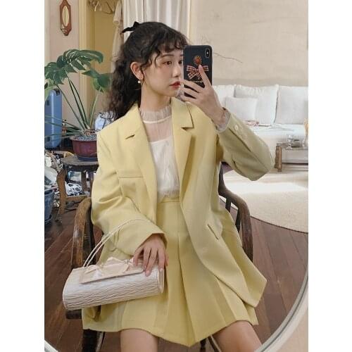 Women 2 Piece Set Yellow Mori Girl Blazer Set Preppy Style Solid Color Two Buttons Coat + Short Pleatd Skirt New 2pcs Set Autumn