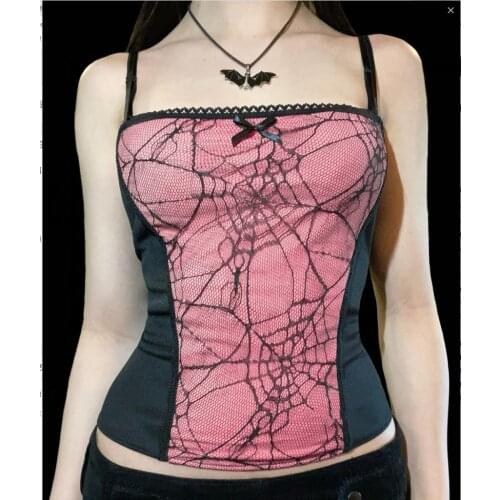 Grunge Goth Top Vintage Harajuku Sexy Cut Out Zipper Camisole Punk Spider Net Graphic Backless Summer Basic Crop Camis
