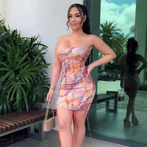 Women Summer Strapless Club Dress Sexy Sleeveless Bodycon Patchwork Printed Package Hip Mini Dress Female Clothing Streetwear