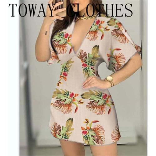 Deep V Neck Floral Print Backless Half Sleeve Casual Dress A Line Mini Sexy Party Dress for Women Dress 2021