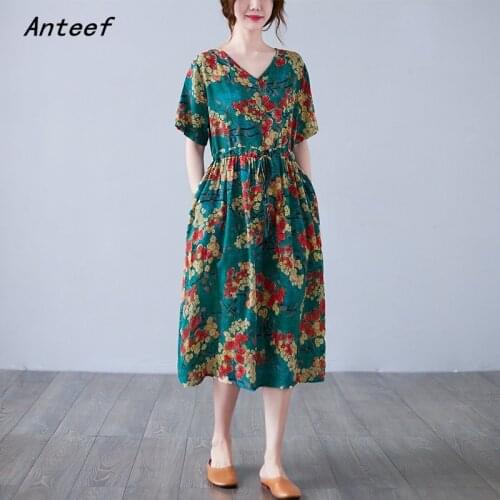 Anteef short sleeve cotton vintage floral dresses for women casual loose long woman summer dress elegant clothes 2021