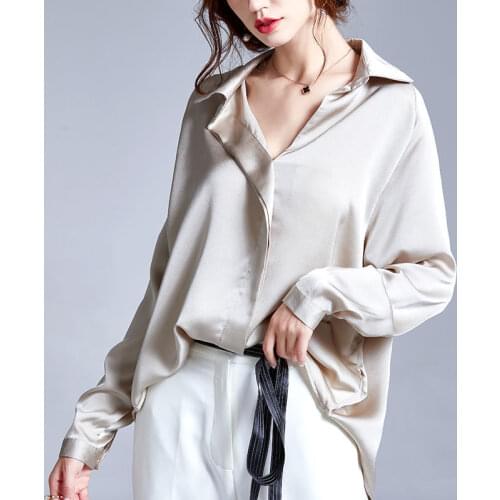 2021 New Women Summer Elegant Satin Blouse Single Breasted Plus Size Shirt Lapel Collar Silky Tops