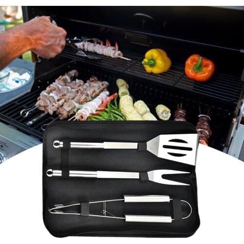 Camping BBQ 3PCS Stainless Steel Barbecue Tools Set Cloth Bag BBQ Supplies With Roasting Spatula Roasting Fork Roasting Clip