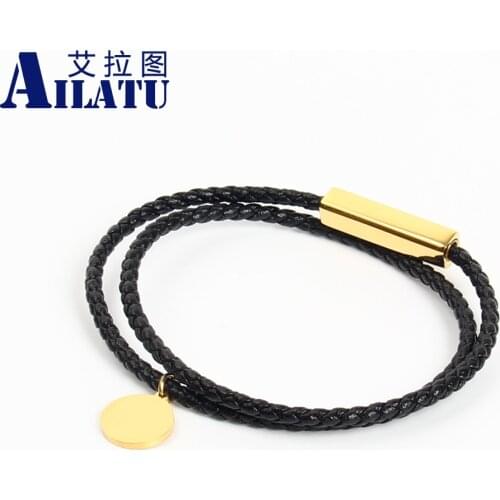 Ailatu 10pcs/lot Double Genuine Leather Bracelet for Men and Women Stainless Steel Magnetic Buckle Wrap Logo Jewelry