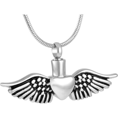 IJD8495 Stainless Steel Angel Wings Heart Cremation Necklace for Ashes Urn Memorial Keepsake Pendant Jewelry