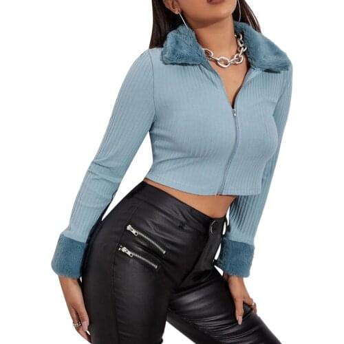 IMCUTE Y2K Plush Lapel Rib Knit Cardigan Jacket Spring/Autumn Womens Zipper Slim Short Jacket Street Fashion Short Cardigan Top