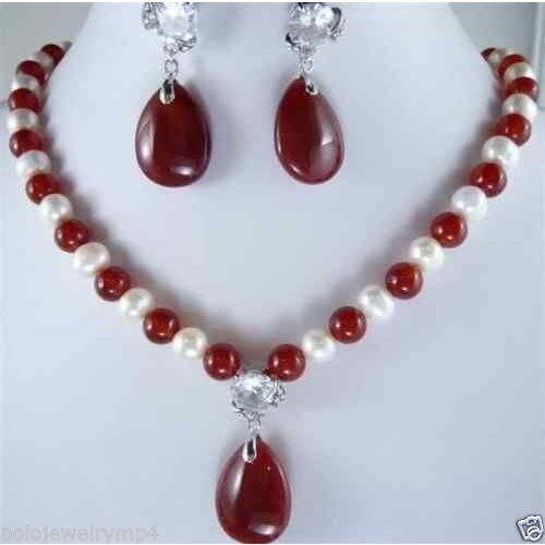 Hot sale new Style Jewelry White Pearl & Red jade crystal pendants Necklace Earring Set