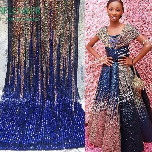 Royal Blue Gradient Sequins Net Lace Fabric Elastic Mesh Laces Indian African Noble Lady Wedding Bride Dresses Prom Net Material
