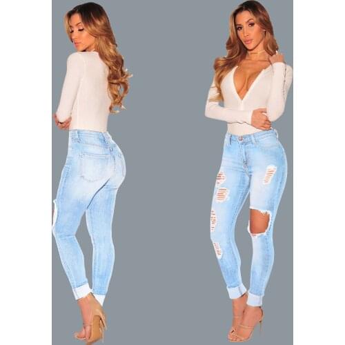 Fashion Casual Womens Jeans Skinny Slim Nine-point Pants Light Blue Ripped Pants New In Autumn 2020