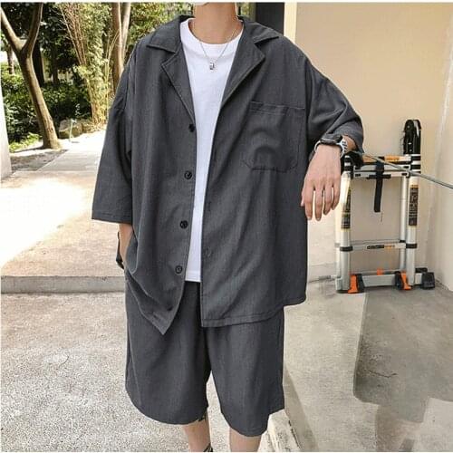 2021 Men Casual Sets Shirt with Shorts Summer Thin Short Sleeve Tops Polyester Baggy Knee-Length Short Pant Oversize Clothing