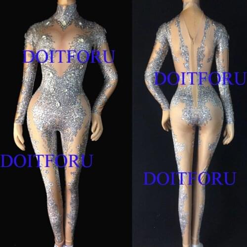 Nightclub Sexy Rhinestones Bodysuit singer stage show Nude Crystals Costume Dance jumpsuit party favors christmas gifts